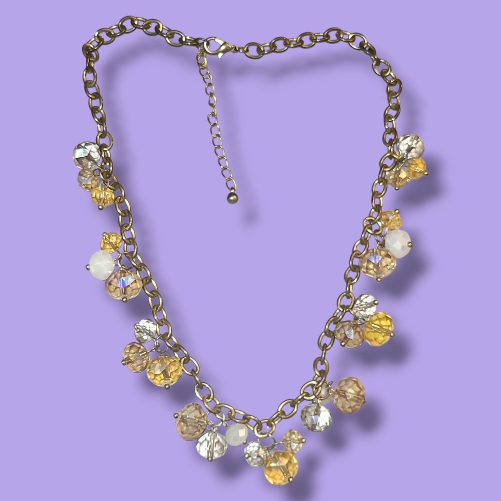 Gold Tone‎ Crystal Bead Cluster Necklace Champagne Clear Faceted Dangle 16-18"